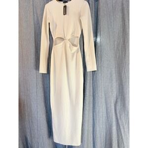 PRETTYLITTLETHING White Ribbed Cutout Long Sleeve Midi Dress Size 0